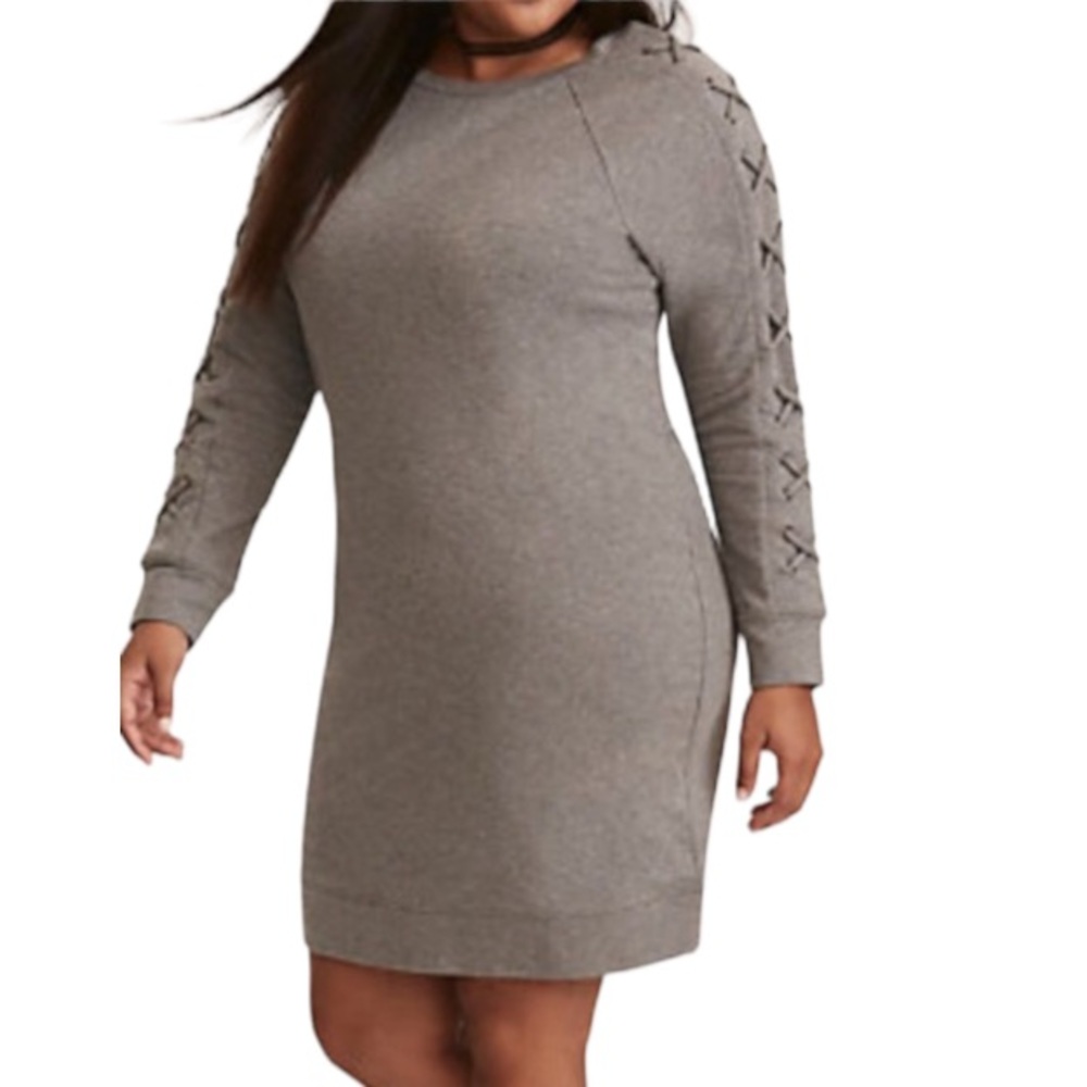Torrid Dress, Gray French Terry Knit Lace Up Sleeve Sweatshirt Dress Athleisure